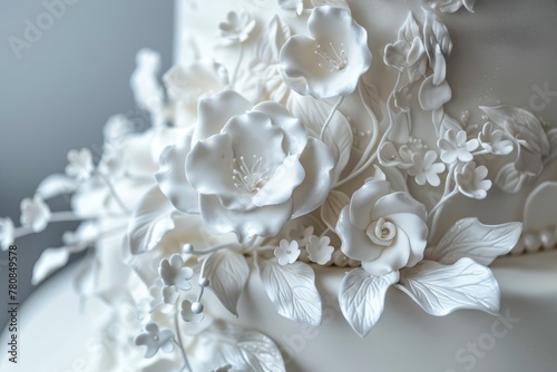 Wedding cake with white fondant decoration set against a grey background