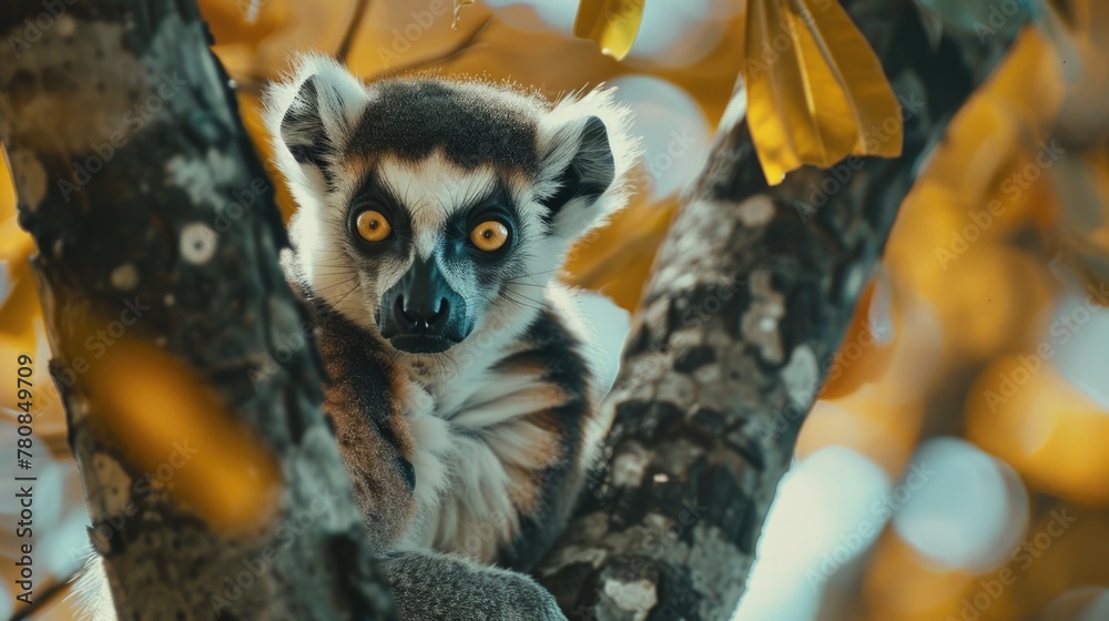 Naklejka premium Close-up of a lemur sitting in a tree. Perfect for nature and wildlife themes