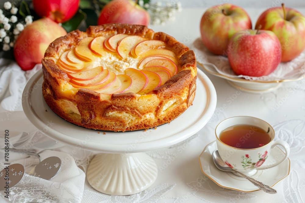 White background with apple cheesecake on cake stand and cup of tea White background with apple cheesecake on cake stand and cup of tea