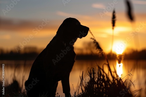 Peaceful image of a dog enjoying the sunset by the lake. Suitable for various nature themes