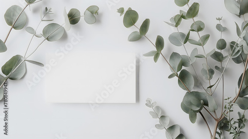 Elegant White Invitation Mockup with Eucalyptus and Silk Fabric