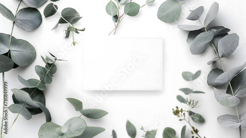 Elegant White Invitation Mockup with Eucalyptus and Silk Fabric