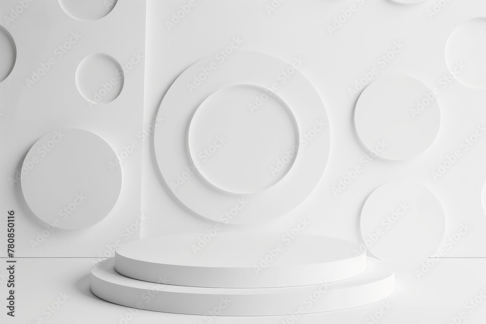 White round podium mockup for cosmetics on white background with decorative circles ideal for showcasing products gifts advertising design sale and display White round podium mockup for cosmetics on white background with decorative circles ideal for showcasing products gifts advertising design sale and display