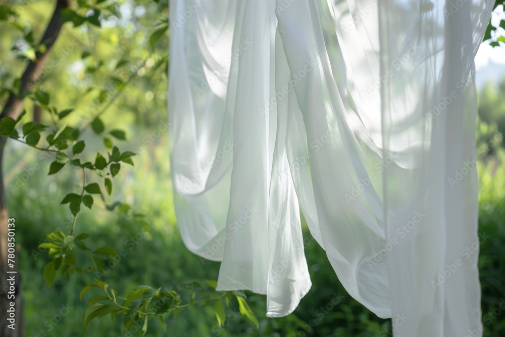 White sheets hanging in a backyard with a green nature backdrop seen up close White sheets hanging in a backyard with a green nature backdrop seen up close