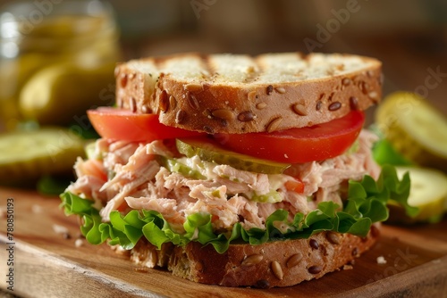 White tuna salad sandwich with toppings