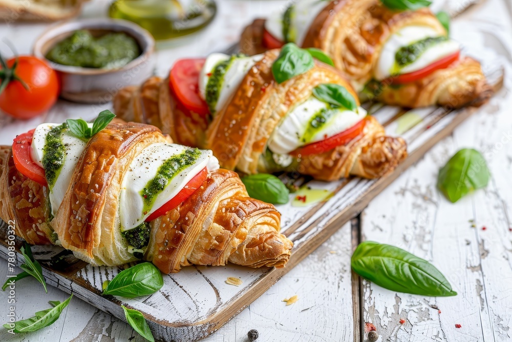 Wholegrain croissants with mozzarella tomato and pesto on rustic white wooden background selective focus Wholegrain croissants with mozzarella tomato and pesto on rustic white wooden background selective focus