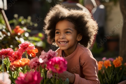 Beautiful portrait of a smiling african american girl sitting surrounded by vibrant flowers © kaa_bregel