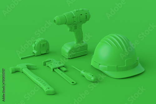 Isometric view of monochrome construction tools for repair on