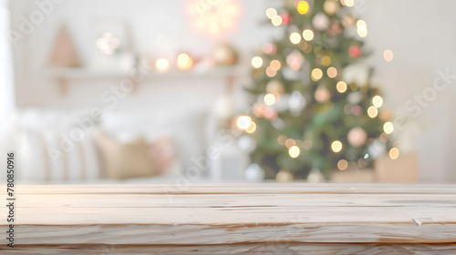 Empty Wooden Table with Blurred Christmas Tree Lights in Cozy Room Background  Copy Space