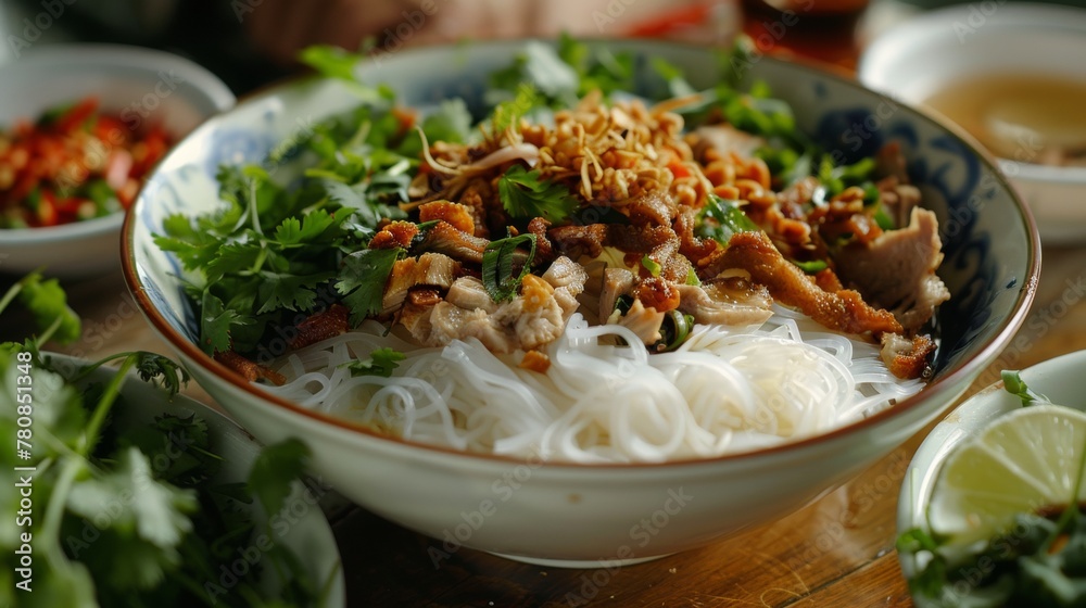 The Vietnamese dish Bun cha is fried pork with rice noodles. It requires herbs, fish sauce, green papaya, some spices. The Vietnamese dish Bun cha is fried pork with rice noodles. It requires herbs, fish sauce, green papaya, some spices.