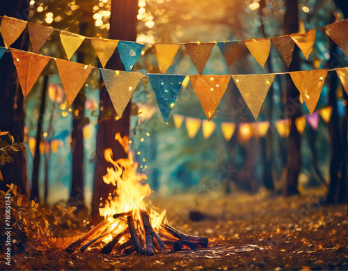 Cordões com bandeirolas coloridas penduradas com uma fogueira em um bosque. Festa no campo. Festa de São João. photo