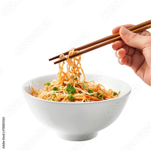 Hand holding chopsticks, eating noodles isolated on white background