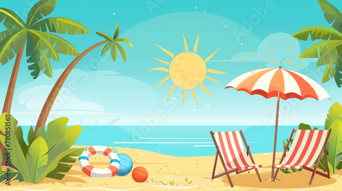 copy space  A beach scene with palm trees  chairs and an umbrella. The sun is shining brightly. There are also some green plants on the ground. A striped chair stands next to an inflatable ball on top