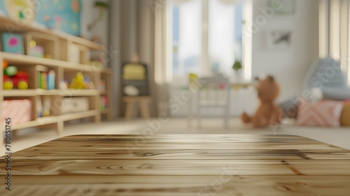 Empty table with blurred kids room. Product placement.