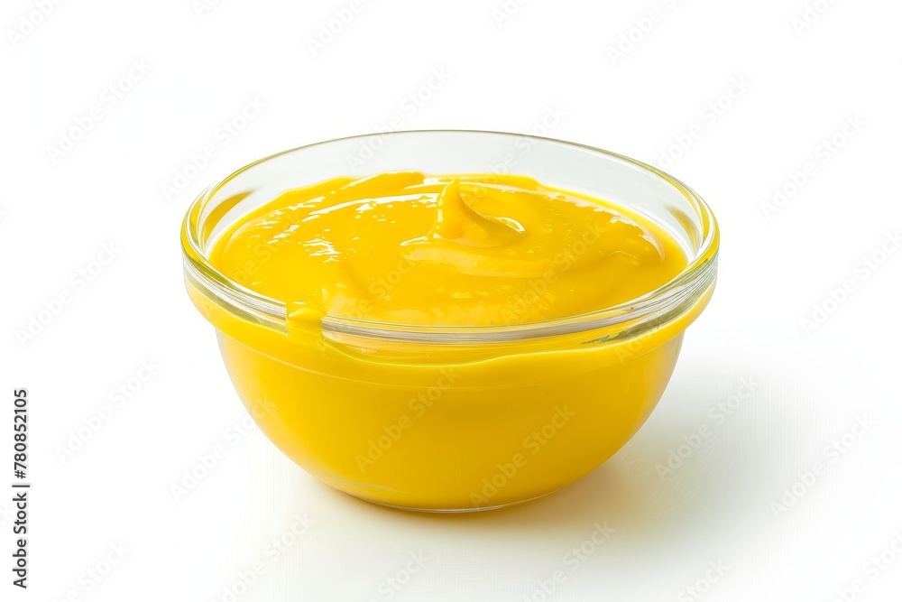 Yellow sauce in glass bowl on white background is delicious Yellow sauce in glass bowl on white background is delicious