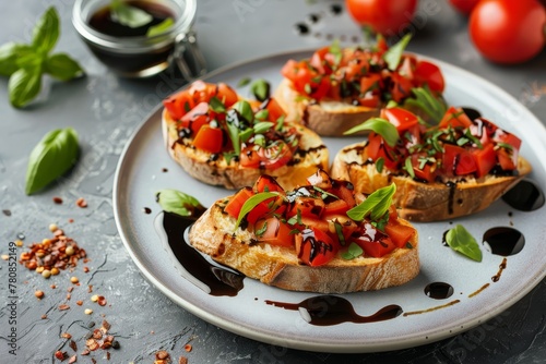 Yummy balsamic bruschettas with toppings on plate flat view