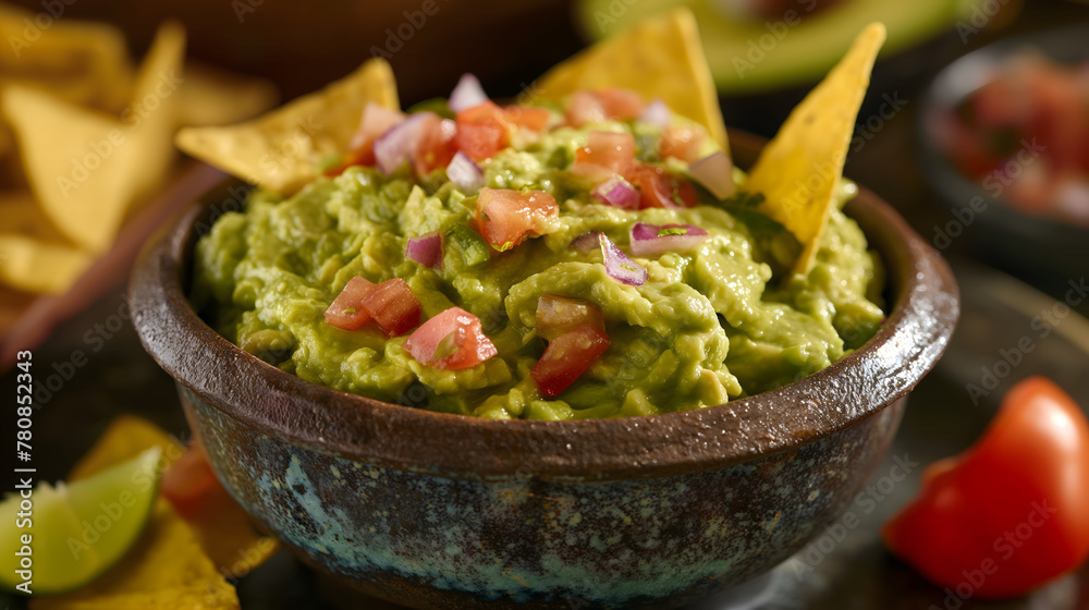 Traditional Mexican Guacamole in a Molcajete with Tortilla Chips