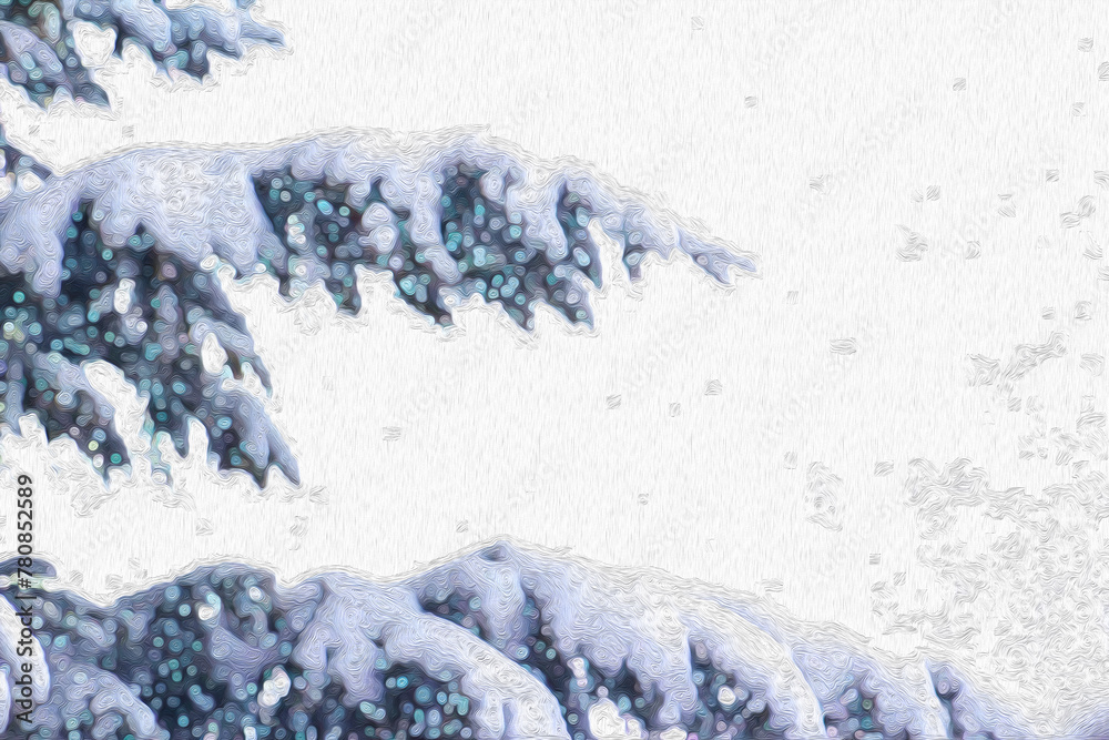 Pine Tree Branch or Bough Covered in Snow while snowflakes are falling (filtered photo) w/ texture- Border Background Backdrop, Christmas, Winter, Holiday, Holidays 