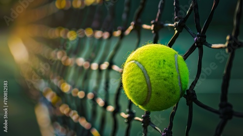 Bright grennish yellow tennis ball hitting the net © Marietimo