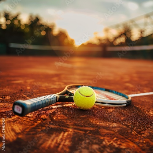 Tennis ball with racket on the tennis court © Marietimo