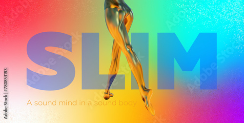 Golden legs dancing with the title "slim" on a gradient background. Banner, poster 3D style. Vector illustration