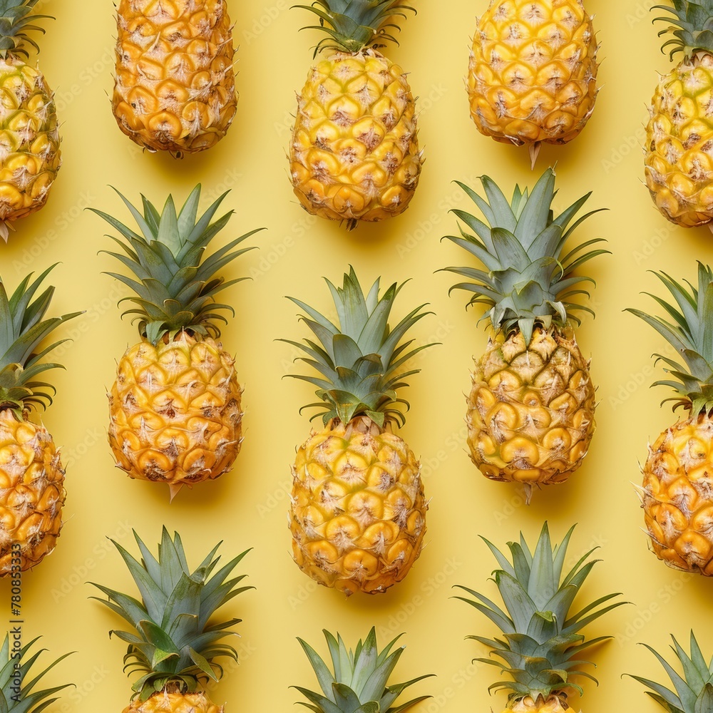 Pineapples on yellow background, seamless pattern, summer concept Pineapples on yellow background, seamless pattern, summer concept