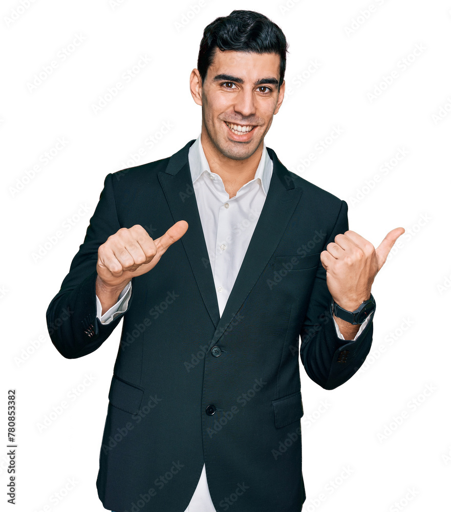 Handsome hispanic man wearing business clothes pointing to the back behind with hand and thumbs up, smiling confident Handsome hispanic man wearing business clothes pointing to the back behind with hand and thumbs up, smiling confident