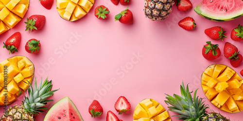 Mango, pineapples, watermelons, strawberry on pink background, banner with copy space, summer concept