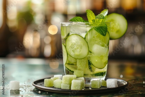 Drink with cucumber slices mint and sugar cubes on a plate photo