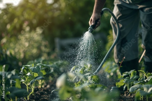 Farmer using hose to water plants in garden with nozzle Shallow focus photo