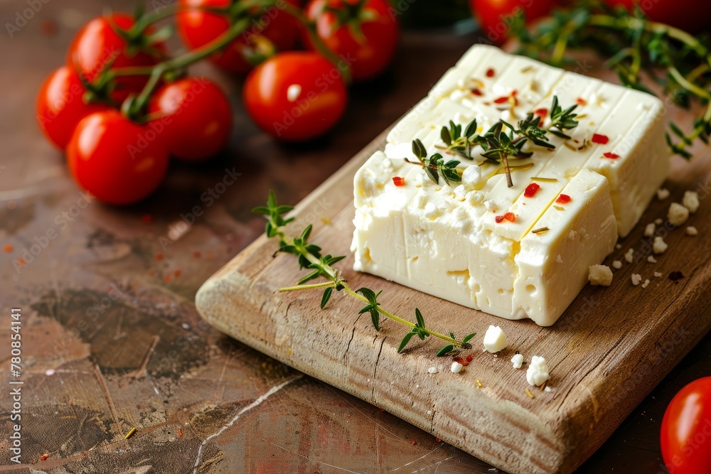 Feta cheese on a wooden board with thyme cherry tomatoes and a brown rustic background Side view selective focus