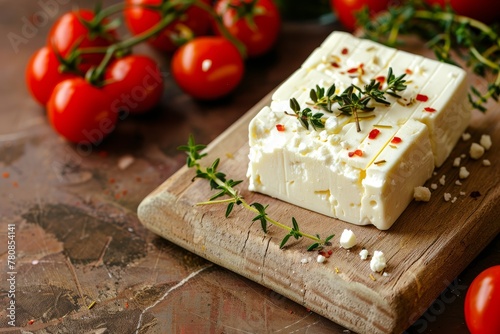 Feta cheese on a wooden board with thyme cherry tomatoes and a brown rustic background Side view selective focus