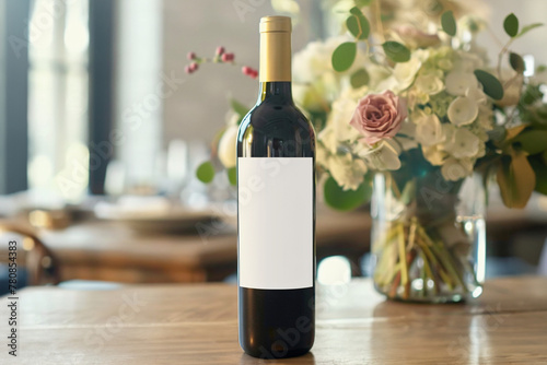 Wedding wine bottle mockup with white blank label. Floral blurry background.