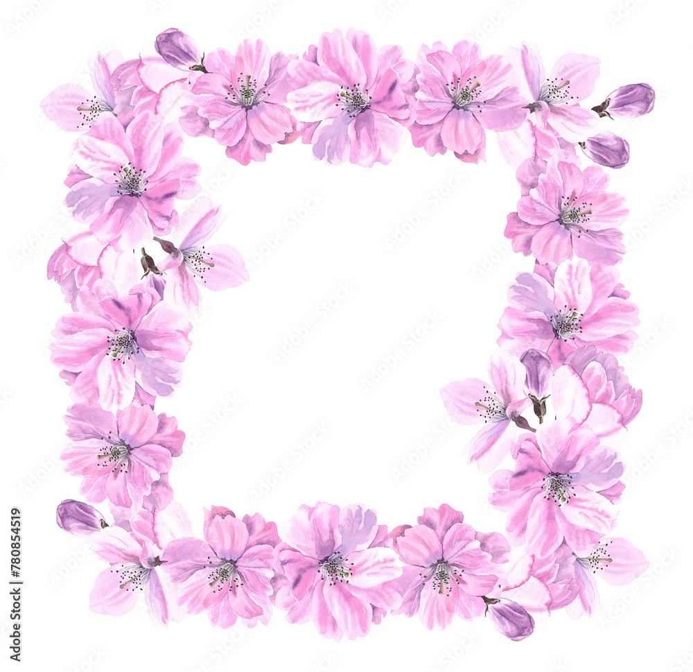 Spring sakura cherry blooming flowers square frame. Watercolour flower decor hand drawn illustration. Seasonal. Painted botanical floral elements. Isolated on white background. Greeting cards, banner Spring sakura cherry blooming flowers square frame. Watercolour flower decor hand drawn illustration. Seasonal. Painted botanical floral elements. Isolated on white background. Greeting cards, banner