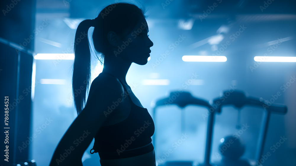 Silhouette of a Woman Contemplating in a Gym During Sunset Silhouette of a Woman Contemplating in a Gym During Sunset