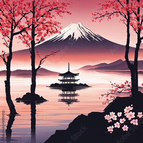 Japanese pagoda gracefully reflected on tranquil surface of lake  surrounded by lush greenery  embodying sense of peace  harmony. For interior  commercial spaces to create stylish atmosphere  print.