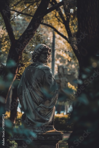 An antique statue watches a onlooker through the leaves at a cemetery 