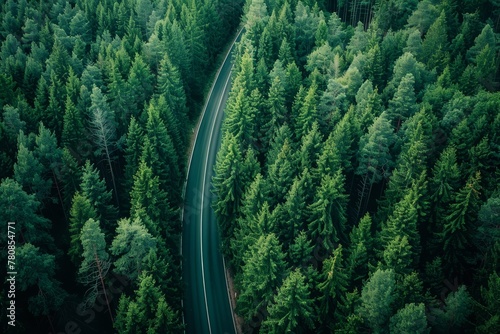 Forest road seen from above highway through trees drone s perspective summer natural landscape travel image photo