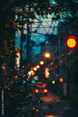 Vibrant night street scene with focus on the bokeh effect of city lights and red traffic signals amidst foliage
