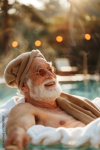 A serene scene of an elderly individual wearing a towel head wrap lounging by the pool, reflecting relaxation and golden years