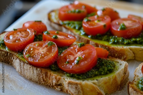Fresh bread with juicy tomatoes and pesto on top