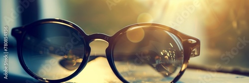 Detailed close-up of a pair of trendy sunglasses, captured with a warm backlight emphasizing its design