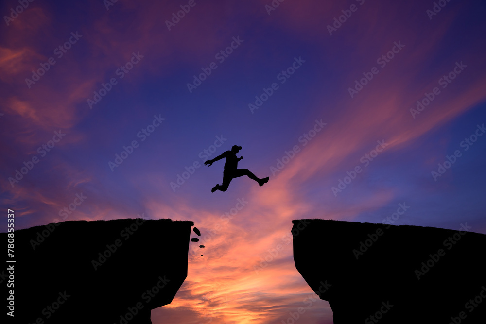 Man jump through the gap between hill. Woman jumping over cliff.