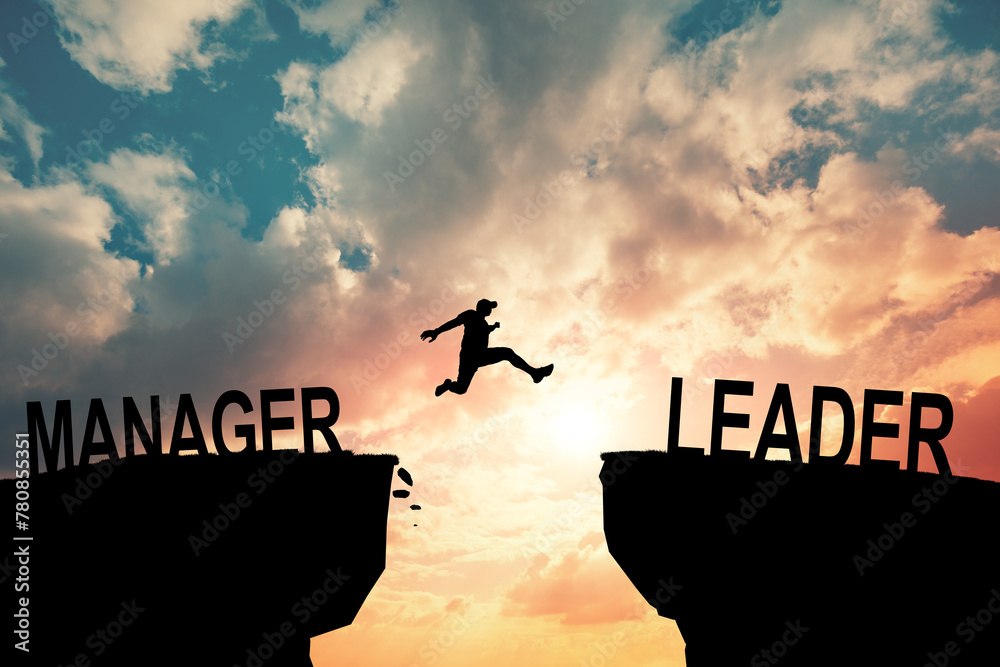 Silhouette Man jumping from Manager cliff to leader cliff on cloud and blue sky. Change