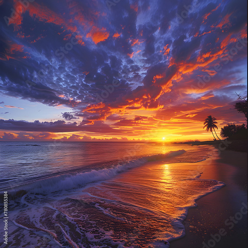 Breathtaking Sunset Over Tranquil Beach: A Symphony of Colors Painting the Sky © Essie