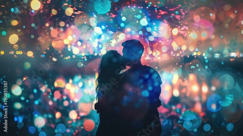 Romantic couple in an embrace, with vibrant fireworks reflected in their eyes, sharing a moment photo