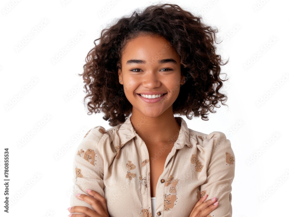 A woman with curly hair is smiling and wearing a shirt with a bear ...