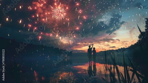 Silhouettes of a family lit by fireworks over a calm lake, enjoying the night's colorful spectacle together photo