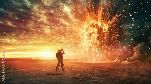 Camera aimed at firework explosion, set in a vast field, by lone photographer