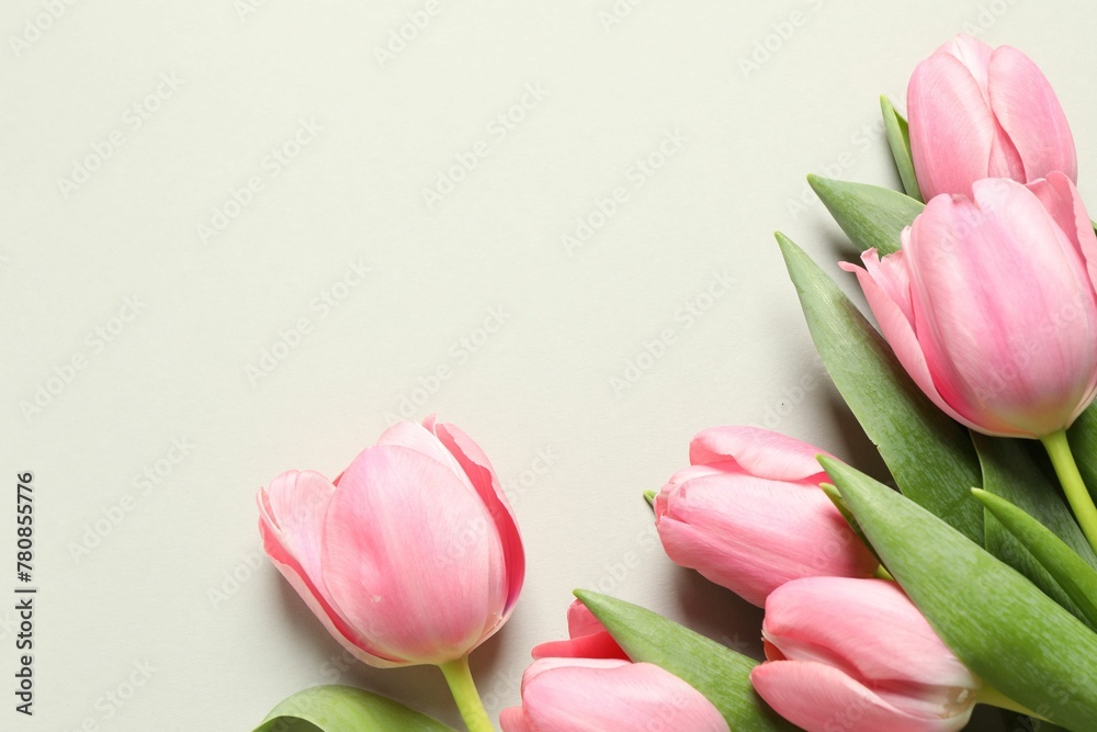 Fototapeta premium Happy Mother's Day. Beautiful tulips on light background, flat lay. Space for text